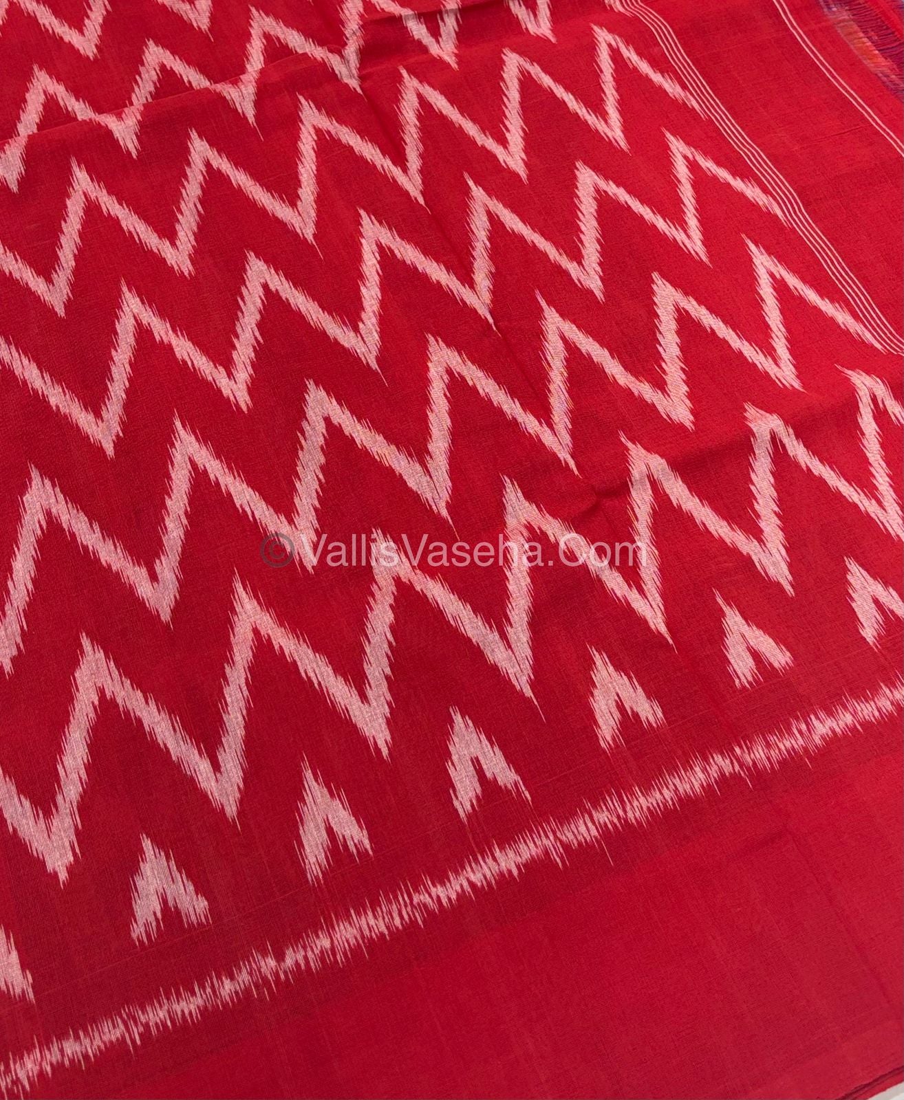 Double Ikkat Pure Cotton Saree - Blue With Red - VVIKS002