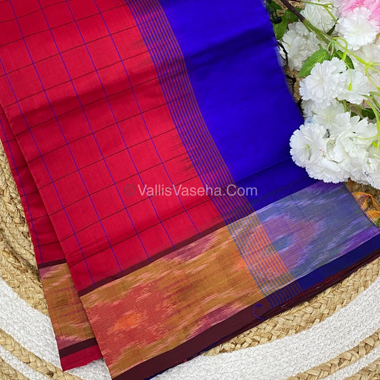 Semi Silk Cotton Saree - Reddish Pink & Ink Blue  - VVSSC001