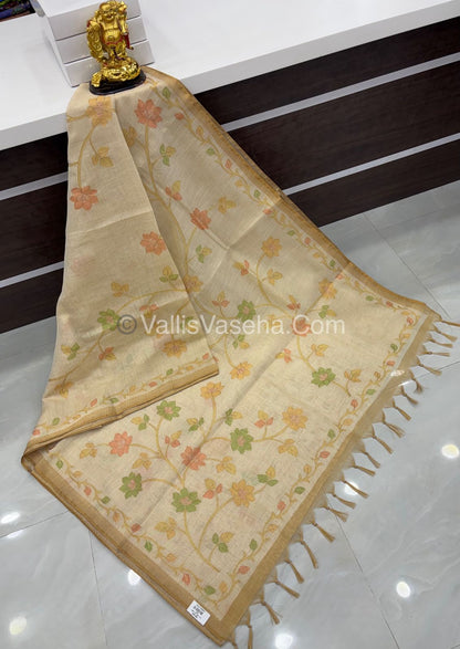 Tissue Linen Saree - Cream With Yellow Shade - VVTLS002