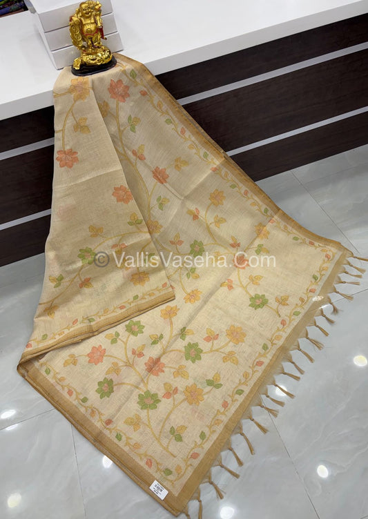 Tissue Linen Saree - Cream With Yellow Shade - VVTLS002
