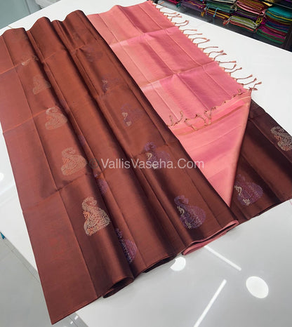 Pure Soft Silk Saree - Border Less  - Brown & Light Peach Combo - VVPSS055
