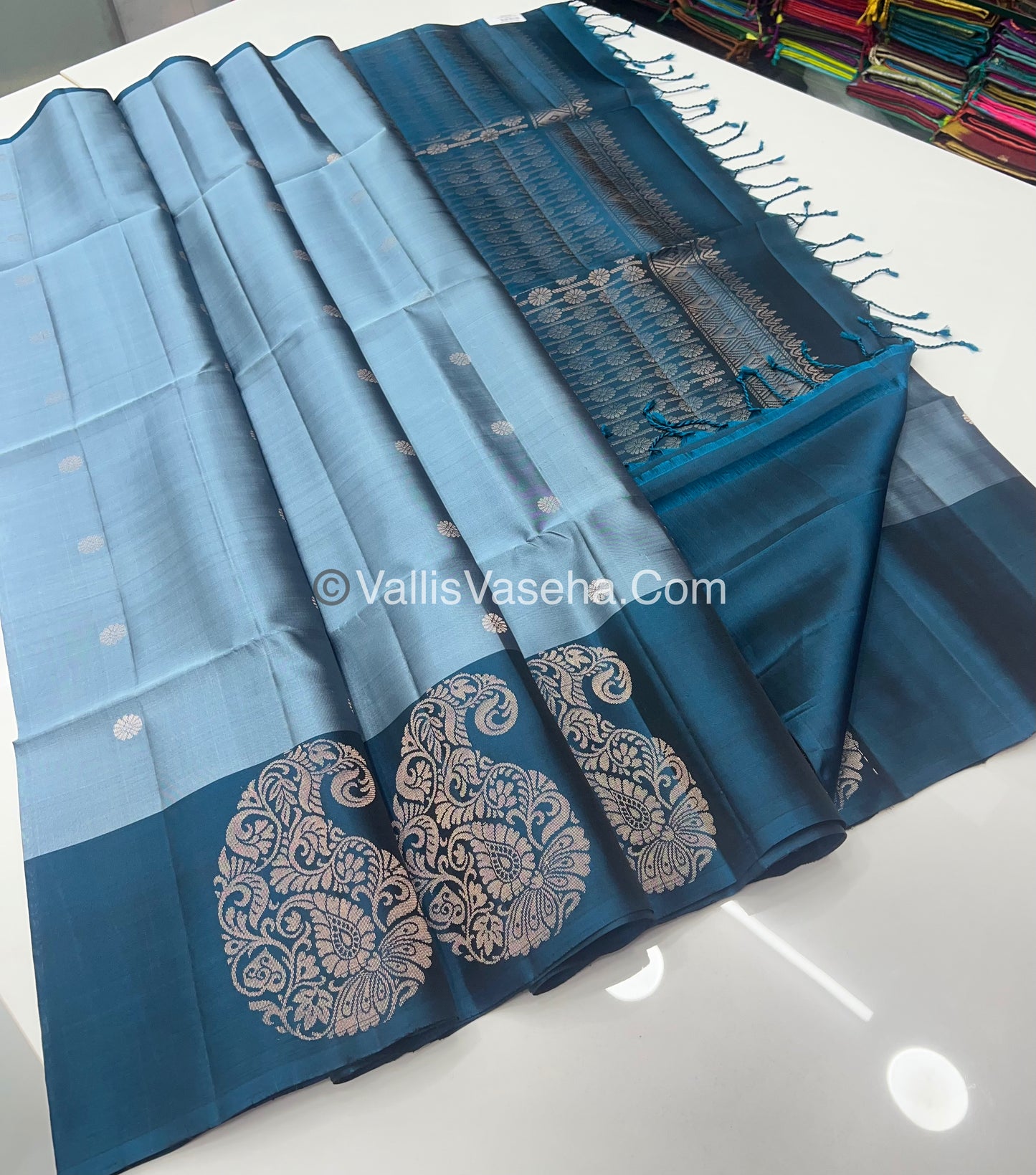 Pure Soft Silk Saree - Greyish Blue & Ramar Blue - VVPSS061