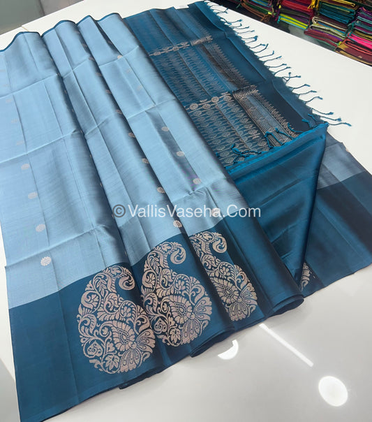 Pure Soft Silk Saree - Greyish Blue & Ramar Blue - VVPSS061