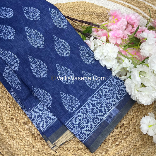 Linen Mixed Cotton Saree - Indigo Blue - Printed - VVLMP001