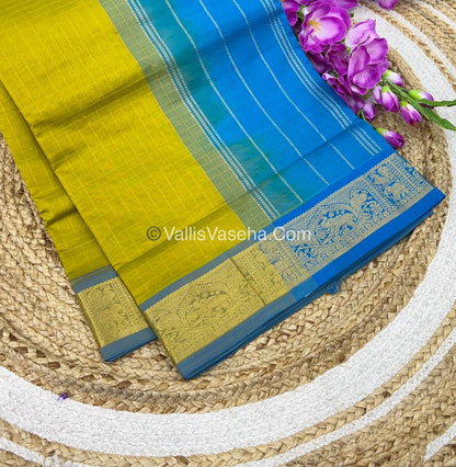 Semi Silk Cotton Saree - Lemon Green With Blue shade - VVSSC003