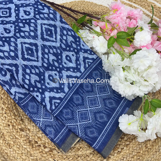 Linen Mixed Cotton Saree - Indigo Blue - Printed - VVLMP001
