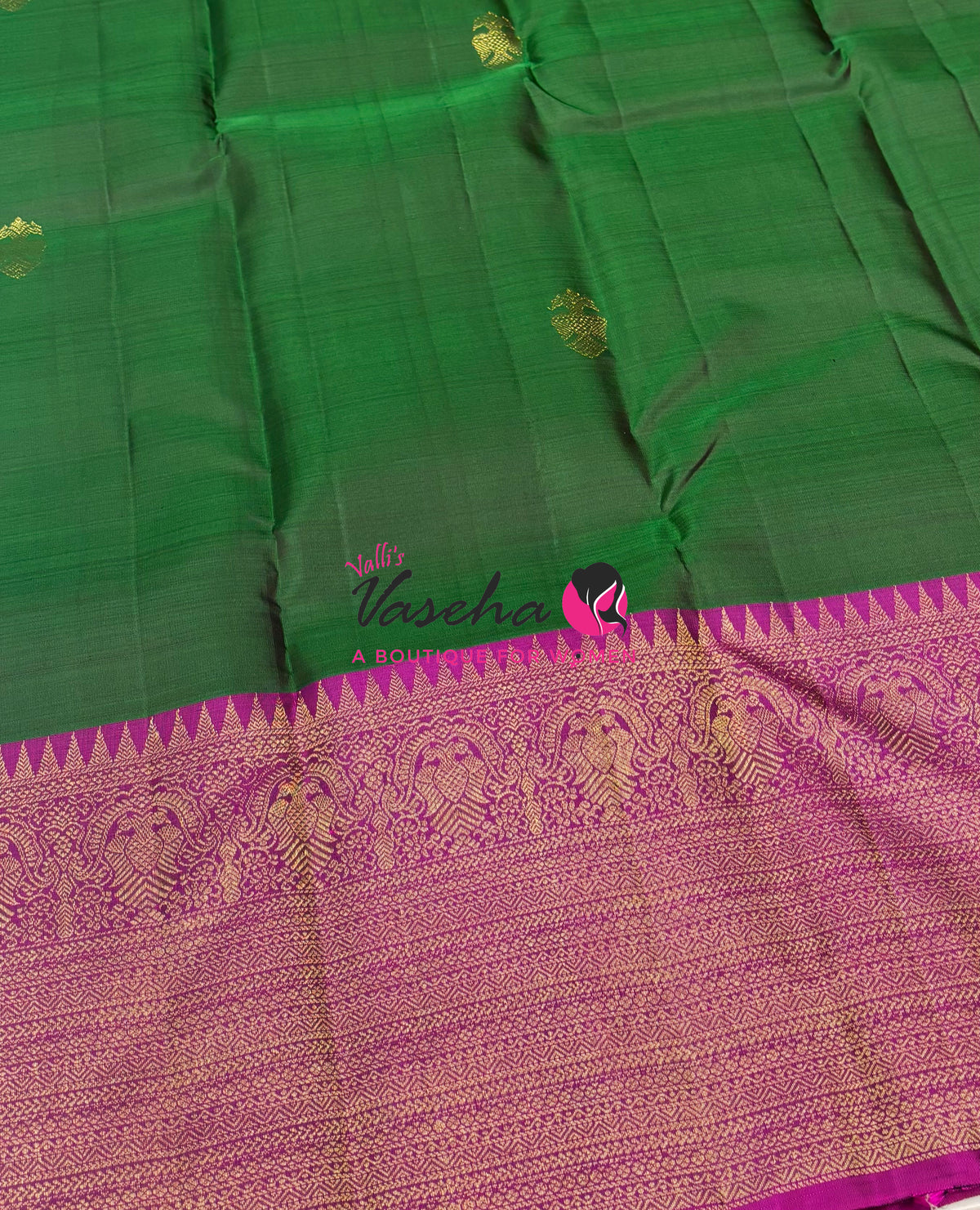 Pure Kanchipuram Silk Saree - Green  With Purplish Pink Combo - VVPS012