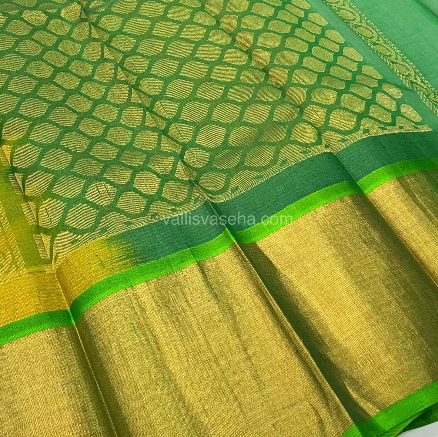 Pure Korvai Silk Cotton Saree - Yellow  with Green Combo - Temple border - VVKSC001