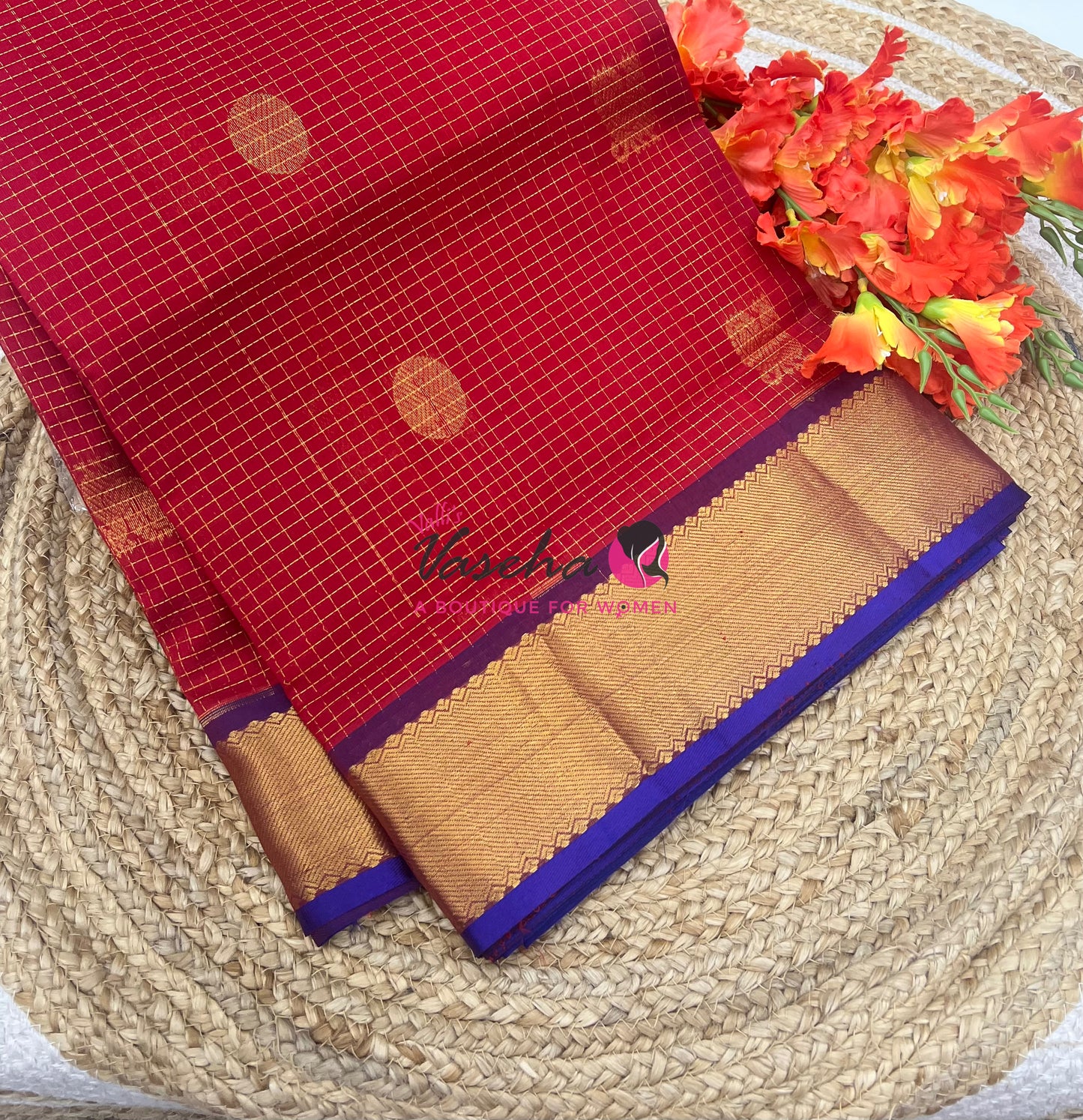 Pure Silk Cotton Saree - Mayil & Chakkaram Design - Red With Blue Shade -VVMC002