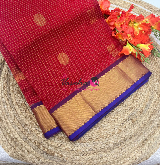 Pure Silk Cotton Saree - Mayil & Chakkaram Design - Red With Blue Shade -VVMC002