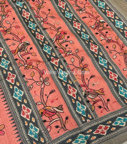 Semi Tussar - Kantha Work Embroidery - Orange Peach Shade - VVSTK001