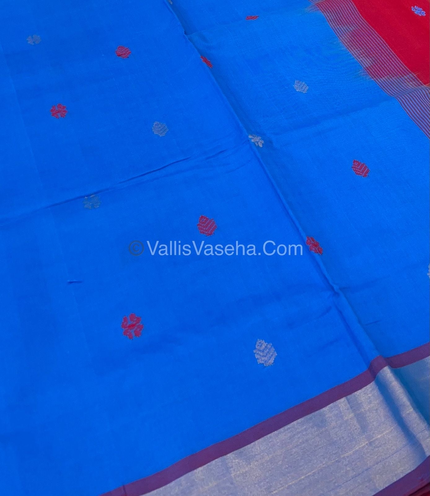 Semi Silk Cotton Saree - Blue & Red Combo - VVSSC001
