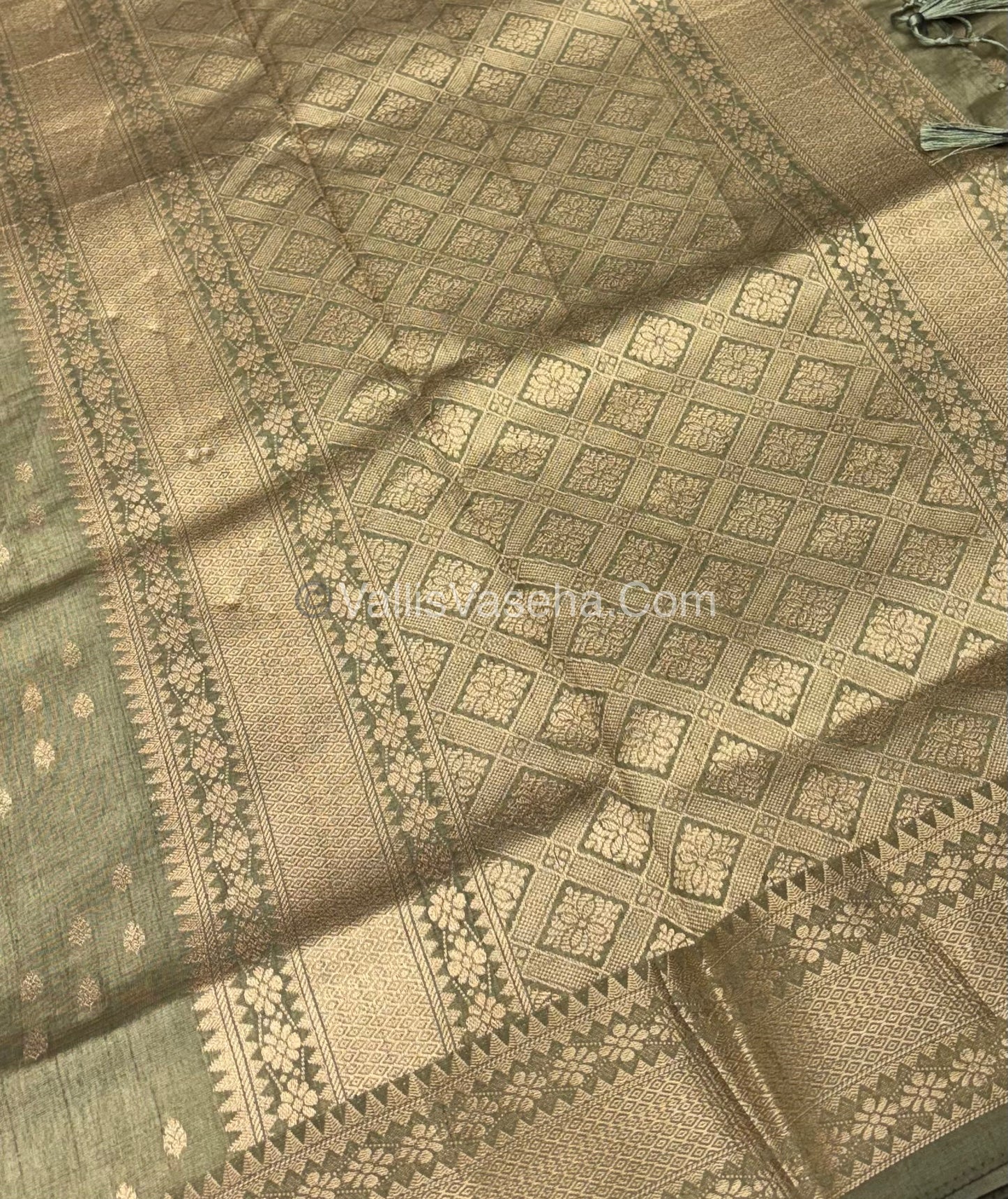 Semi Tussar Silk - Grand Pallu - Olive Green Shade - VVSTS017