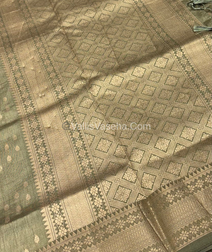Semi Tussar Silk - Grand Pallu - Olive Green Shade - VVSTS017