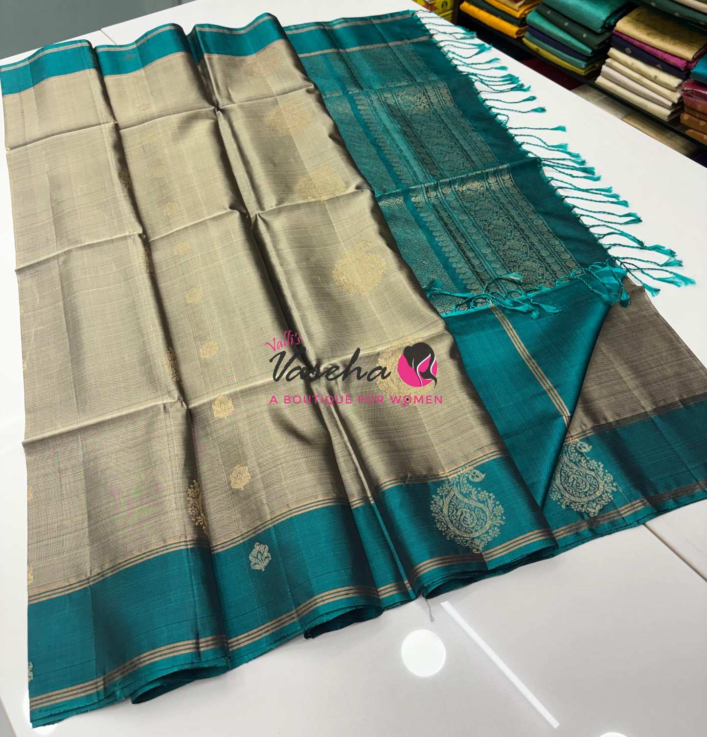 Half Mix - Pure Soft Silk Saree - Grey With Ramar Blue - VVPSS085