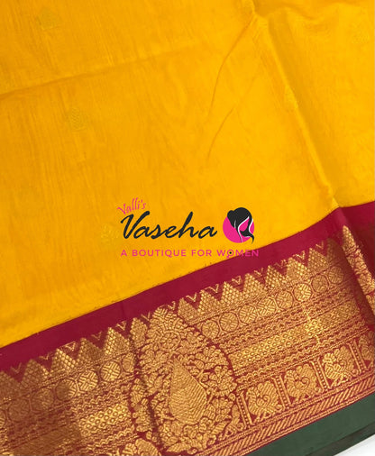 Pure Korvai Silk Cotton Saree - Yellow with Red - VVKSC019