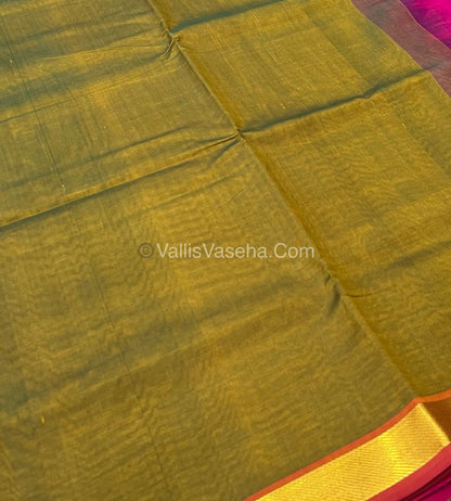 Pure Silk Cotton Sarees -Mehendi Green With Pink - VVPSC003