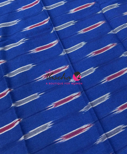 Double Ikkat Pure Cotton Saree -  Blue With Red  - VVIKS002