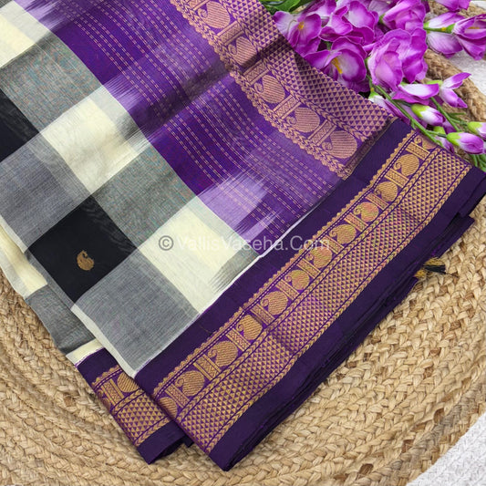 Pure Korvai Silk Cotton With Retta Petta Border -Black & White kattam pattern with Purple Combo - VVKSC003