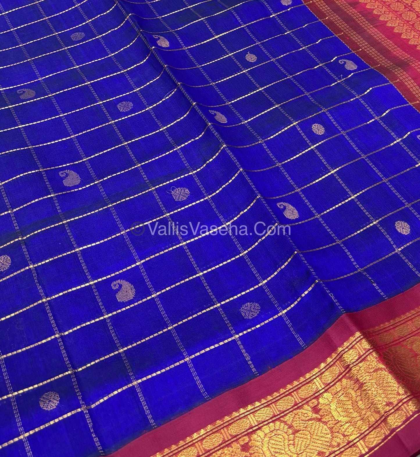Pure Korvai Silk Cotton Saree - Blue With Red - VVKSC020