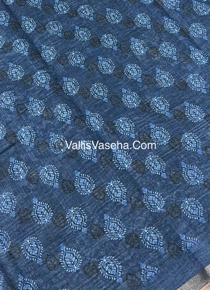 Linen Mixed Cotton Saree - Indigo Blue - Printed - VVLMP001