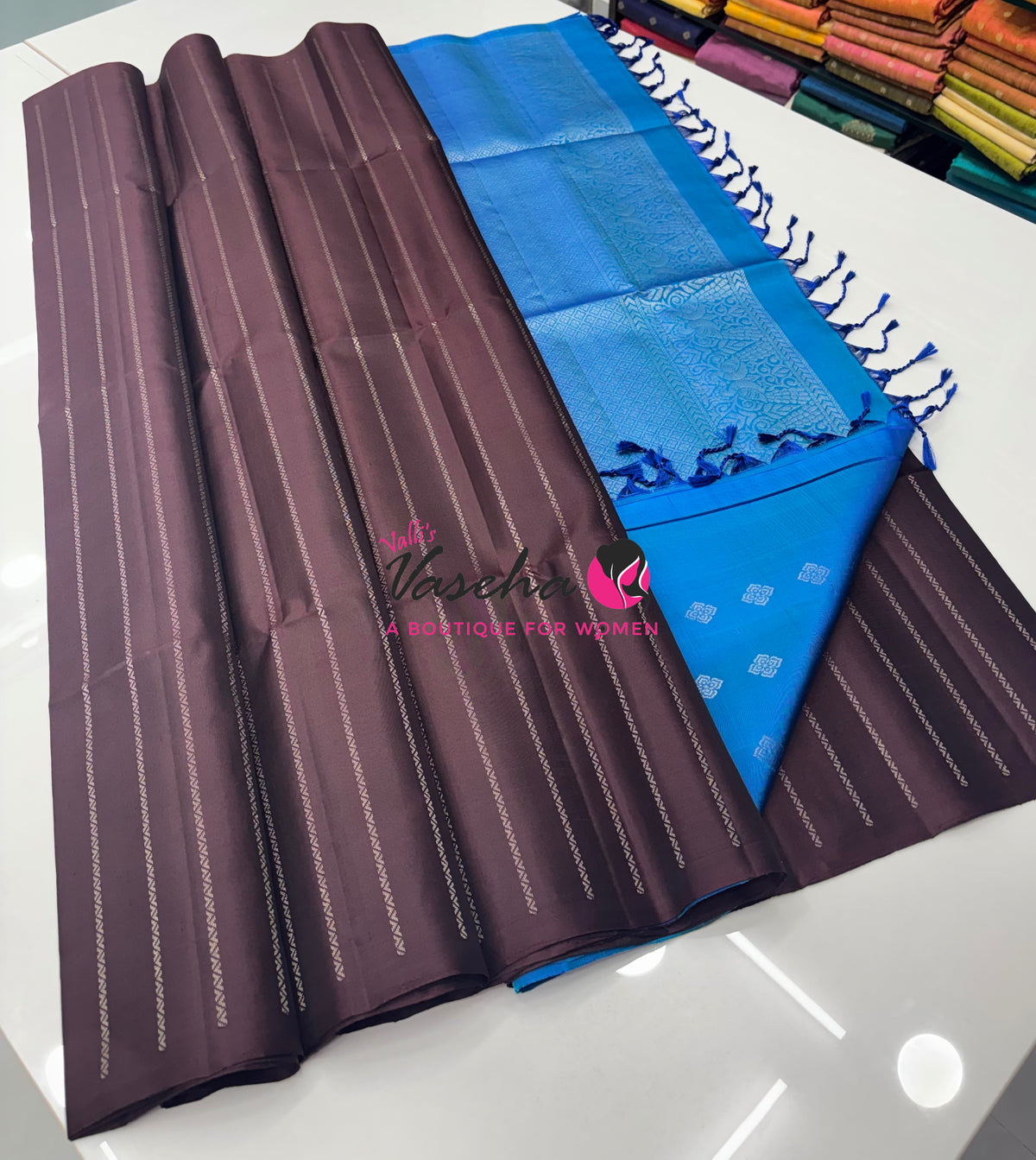 Pure Soft Silk Saree - Border Less  - Brown & Blue Combo - VVPSS066