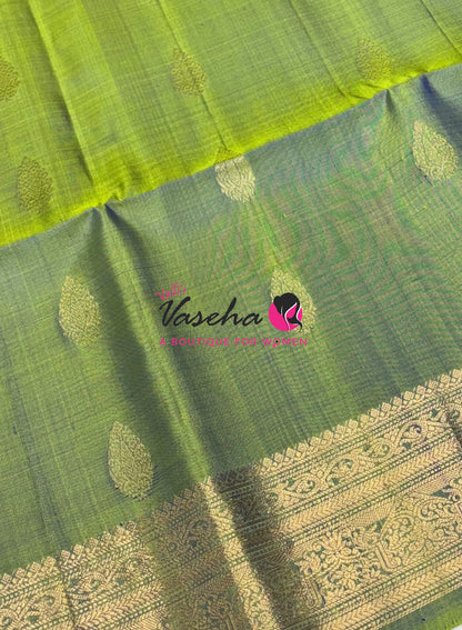 Pure Soft Silk Saree - Kanchi Border - Lemon Green Combo - VVPSS046