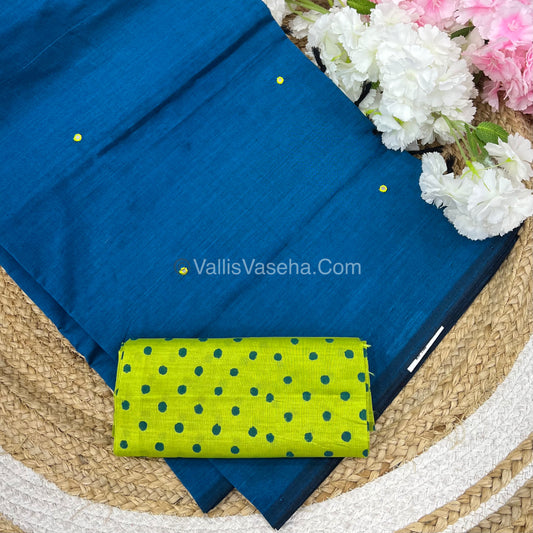 South Mixed Cotton - Mirror Work Embroidery - Blue with Lemon Green- VVPCM002