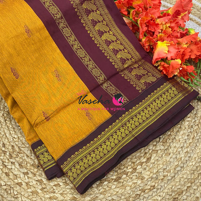 Kalyani Cotton Saree - Mustard Yellow With Maroon Shade - VVKC002