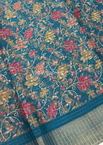 Light Weight Fancy Mixed Kota Cotton - Floral Design Printed Saree - Ramar Blue Shade - VVKPC002