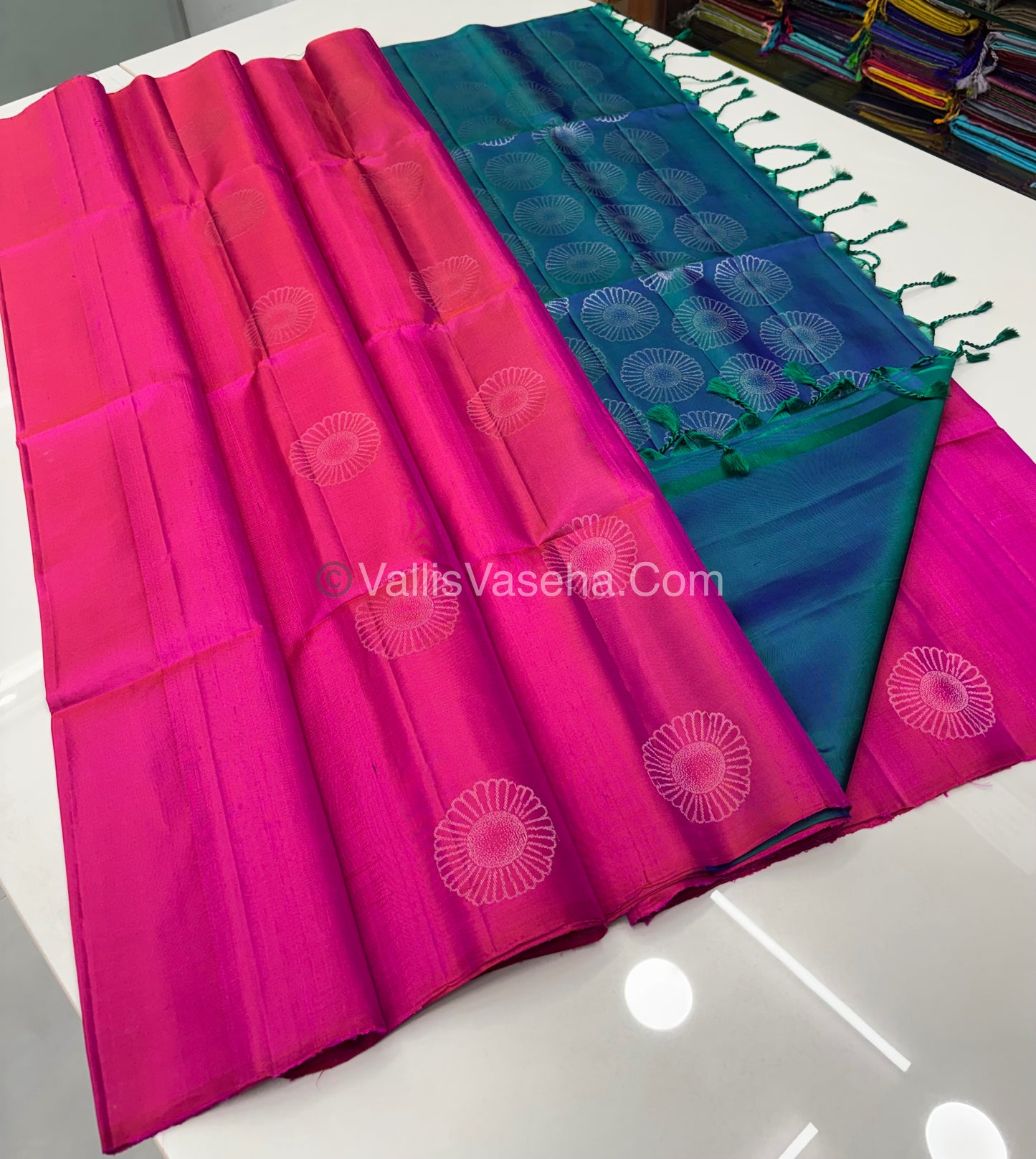 Pure Soft Silk Saree - Dupion Weaving - Dual Tone Pink & Peacock Blue Shade - VVPSS065