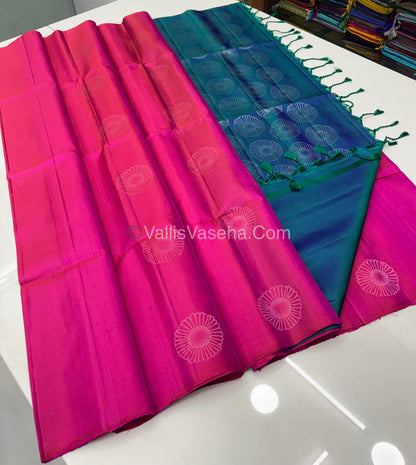 Pure Soft Silk Saree - Dupion Weaving - Dual Tone Pink & Peacock Blue Shade - VVPSS065