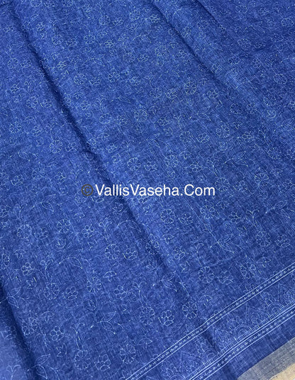 Linen Mixed Cotton Saree - Indigo Blue - Printed - VVLMP001