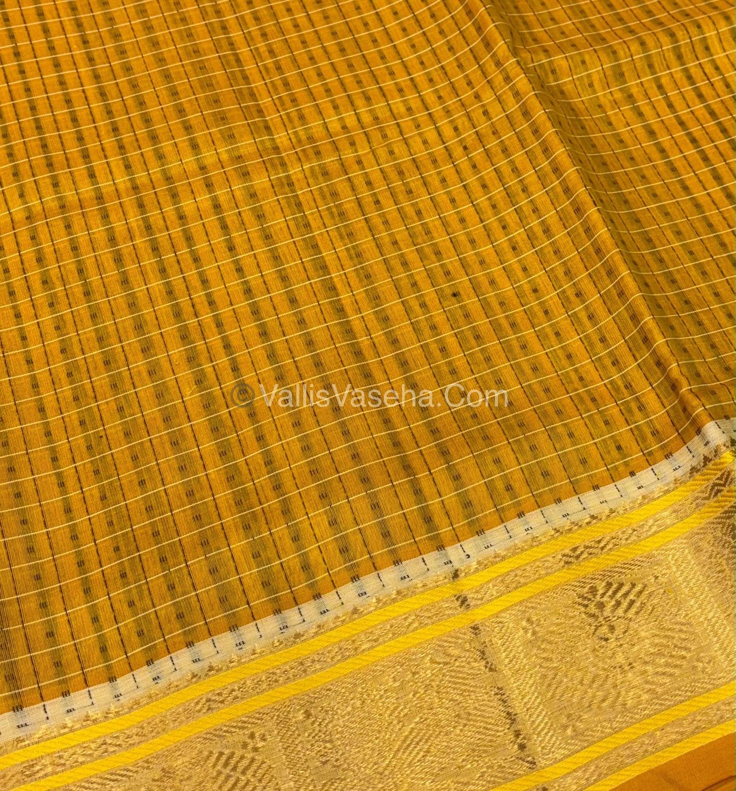 Pure Silk Cotton Saree - Yellow With Half White - Lakshadeepam Design - VVPLD001