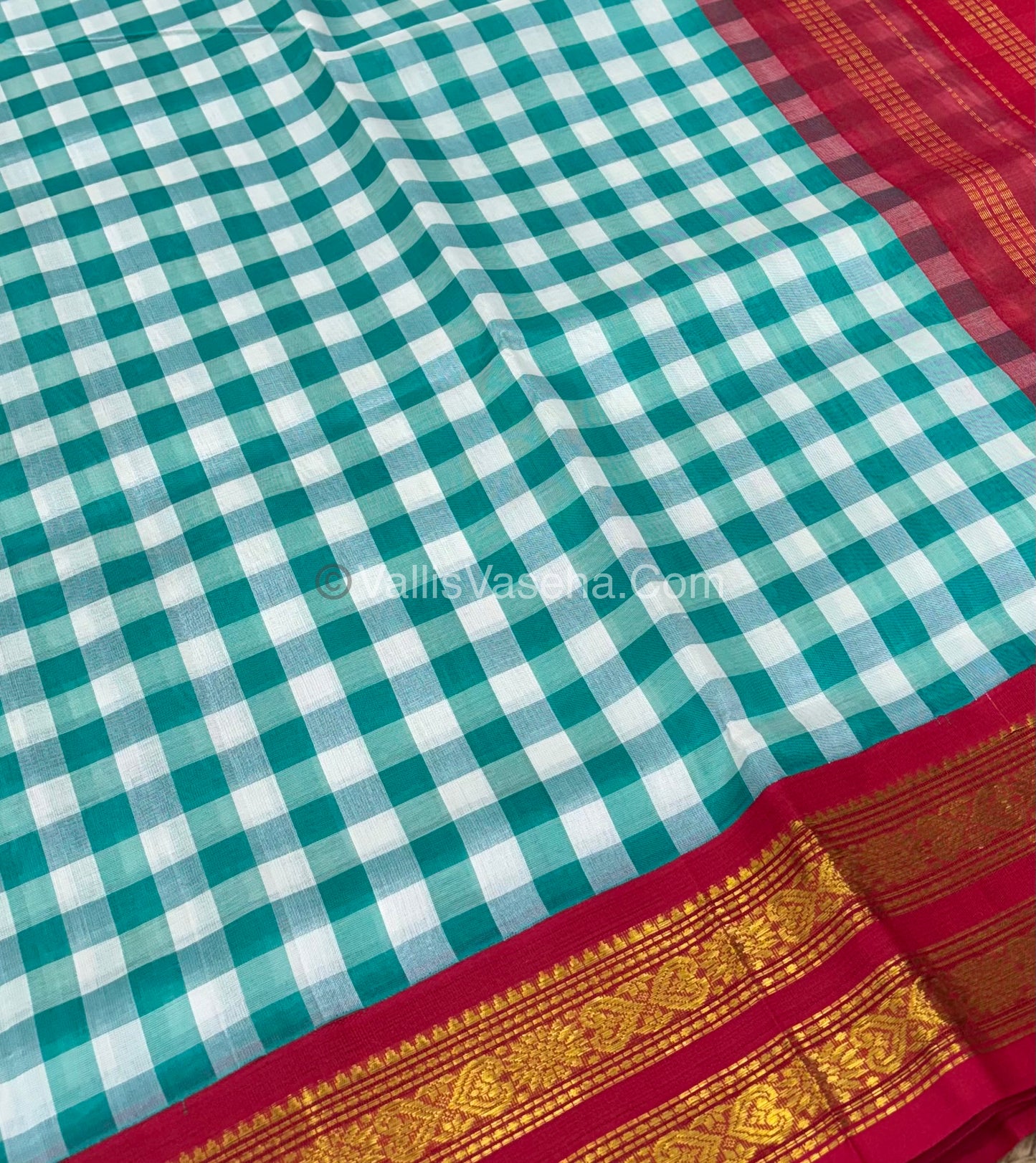 Pure Korvai Silk Cotton With Retta Petta Border - White & Blue kattam pattern with Red   - VVKSC003