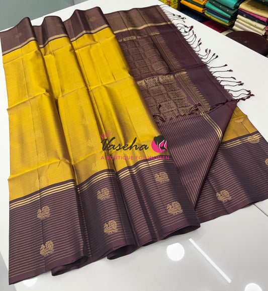 Pure Soft Silk Saree - Yellow with Brown - VVPSS071