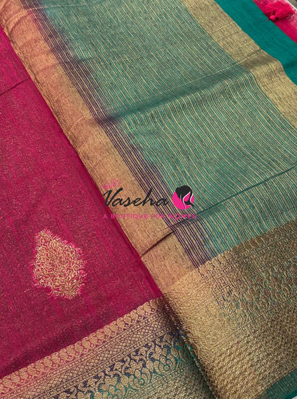 Bamboo Silk Saree - Pink with Blue - VVBSS018