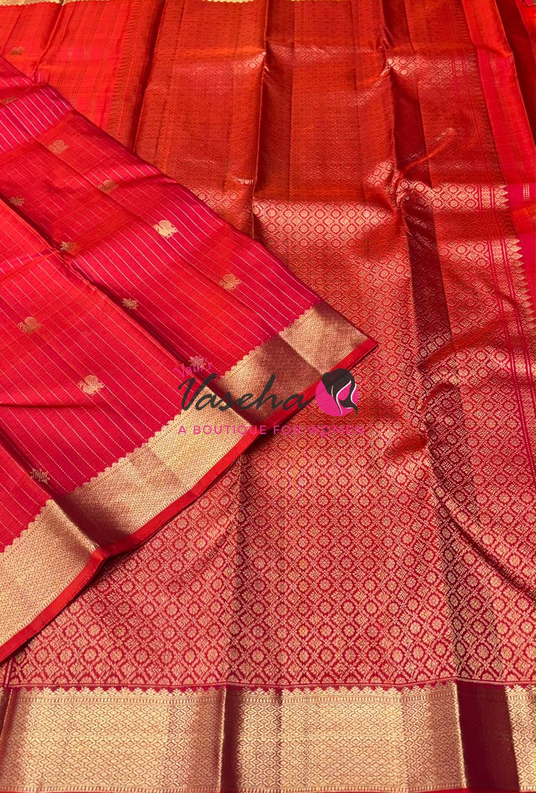 Pure Kanchipuram Silk Saree - Vairavoosi Design  - Orangish Red Combo - VVPS014