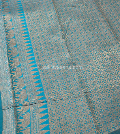 Semi Silk Saree - Kanchi Silk Style - Elephant Border - Yellow with Blue - VVSSS005