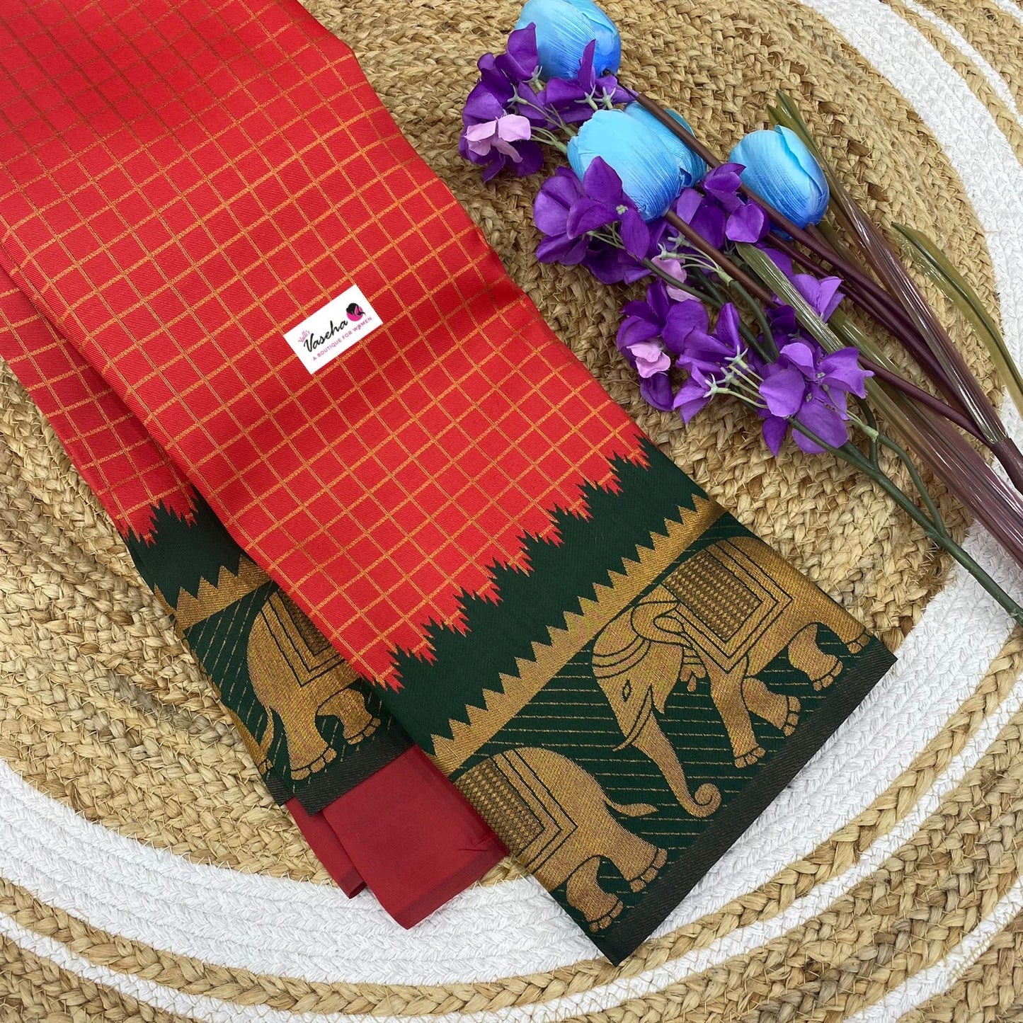 Semi Silk Saree - Kanchi Silk Style - Elephant Border - Red with Green - VVSSS005