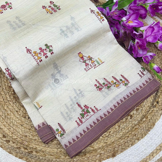 Semi Tussar Embroidery - Cream with Merun Combo - VVSTE001