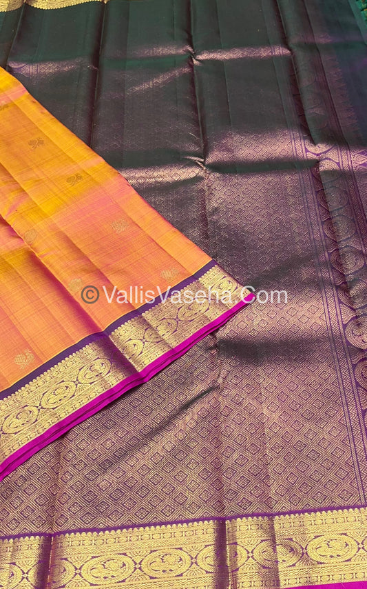 Pure Kanchipuram Silk Saree - Peachish Gold with Wine Combo - VVPS021