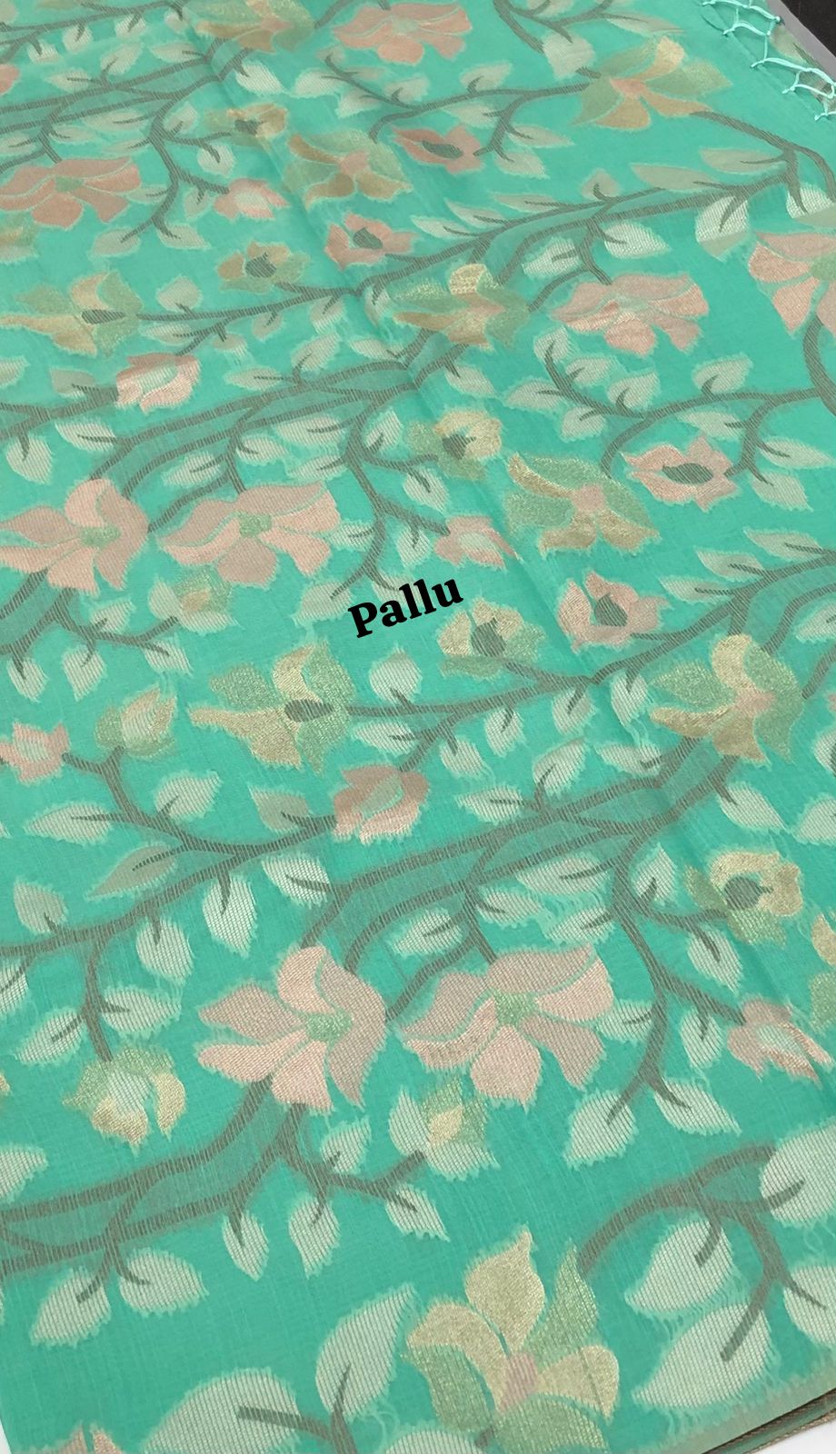 Semi Raw Silk with Jamdhani Design Weaving - Sea Green Shade - VVRS001