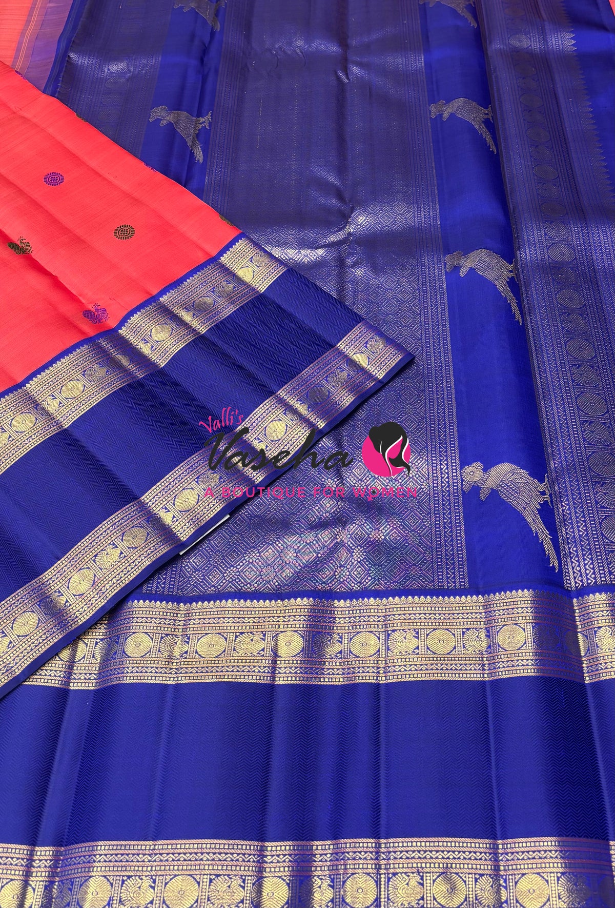 Pure Handloom Korvai Kanchipuram Silk Saree - 100% Pure Zari - Pink With Blue Combo - VVPS103