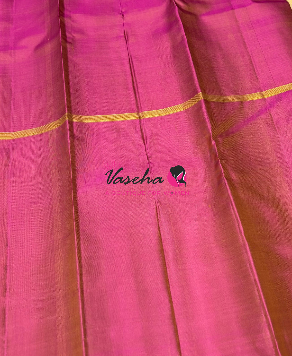 Pure Kanchipuram Silk Saree - Ganga Jamuna Style - Cream With Green/ Pink Combo - VVPS021