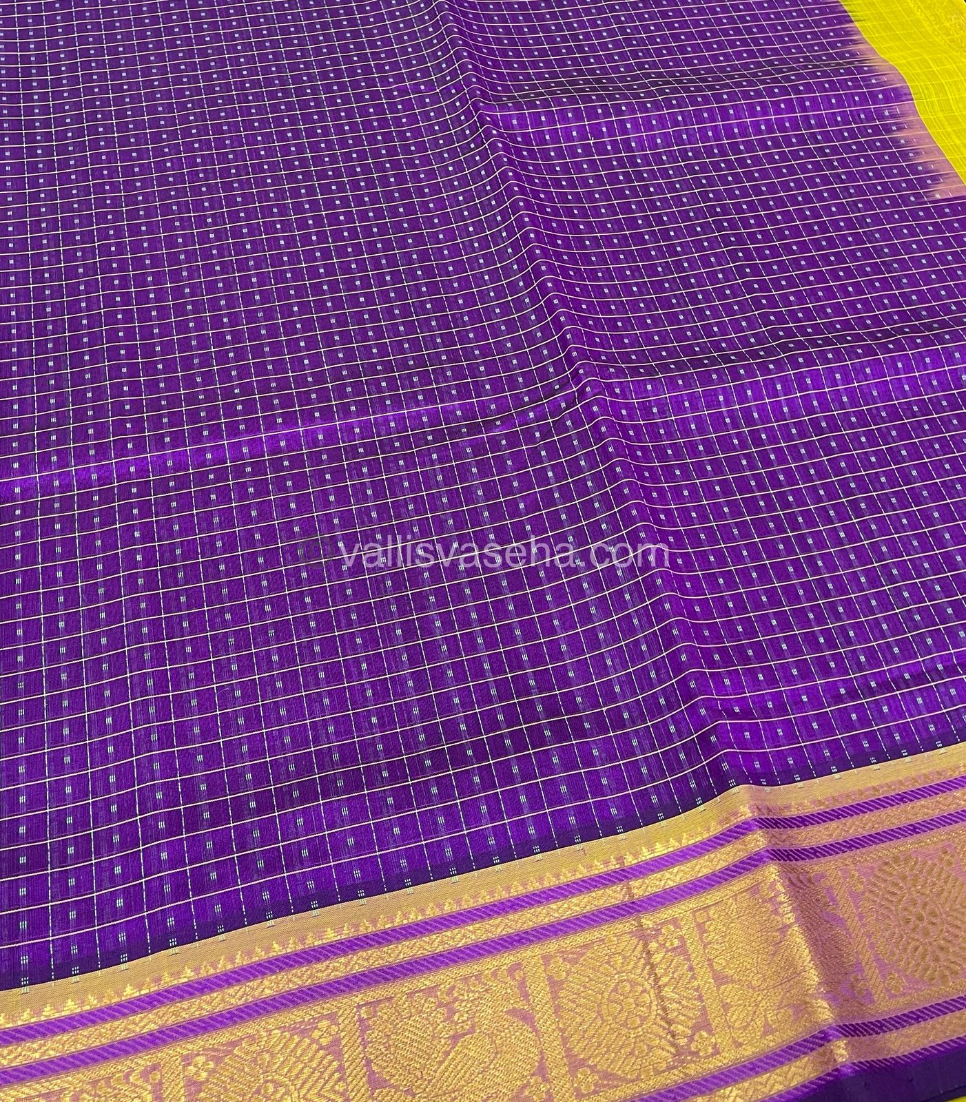 Pure Silk Cotton Saree - Purple With Yellow  - Lakshadeepam Design - VVPLD001