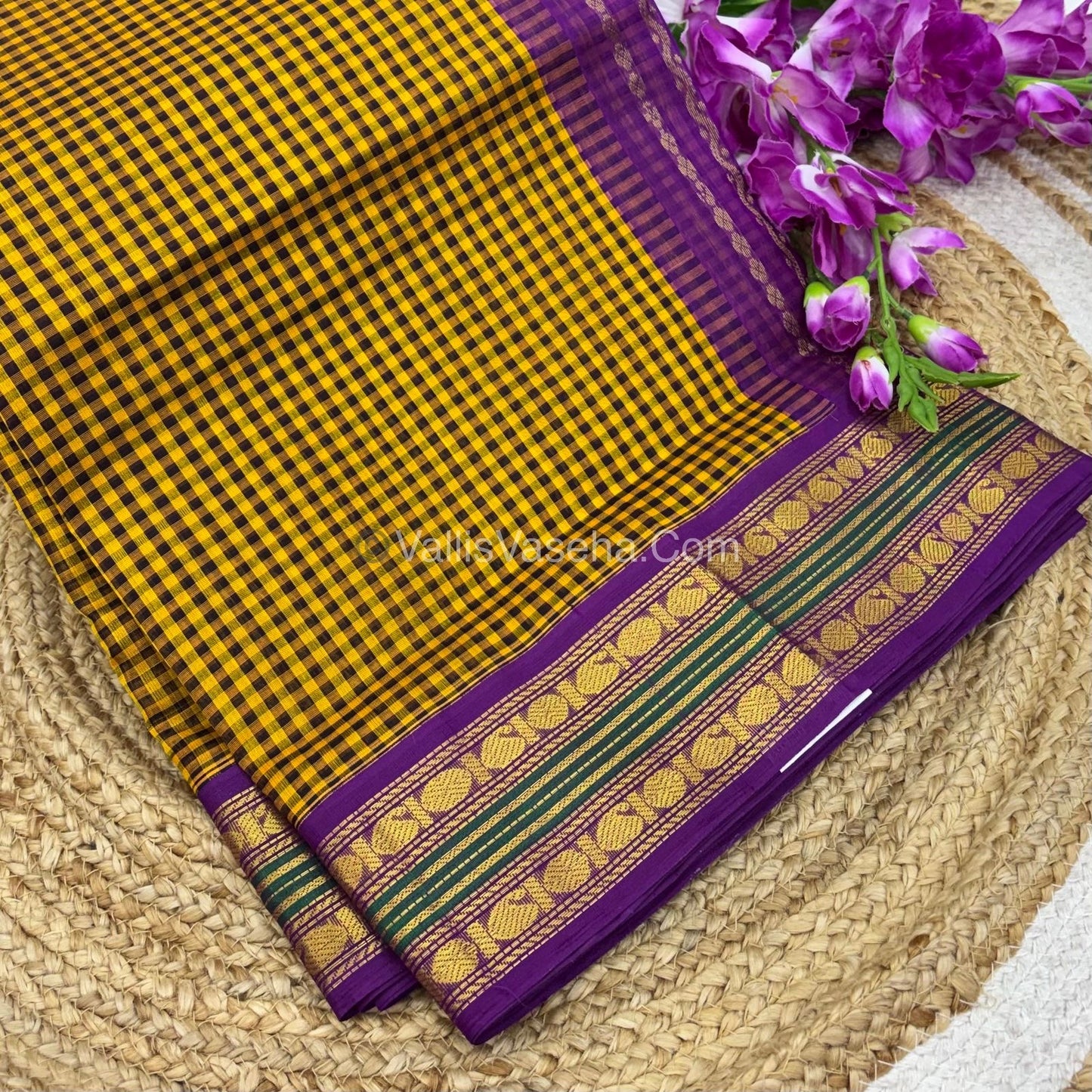 Pure Korvai Silk Cotton - Podi Kattam - Retta Petta Border - Yellow & Black & with Purple - VVKSC003