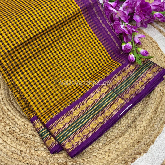 Pure Korvai Silk Cotton - Podi Kattam - Retta Petta Border - Yellow & Black & with Purple - VVKSC003