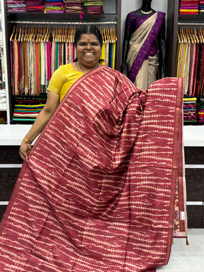 Semi Matka Tussar Silk Saree - Shibori pattern - Merun Shade - VVSMT001