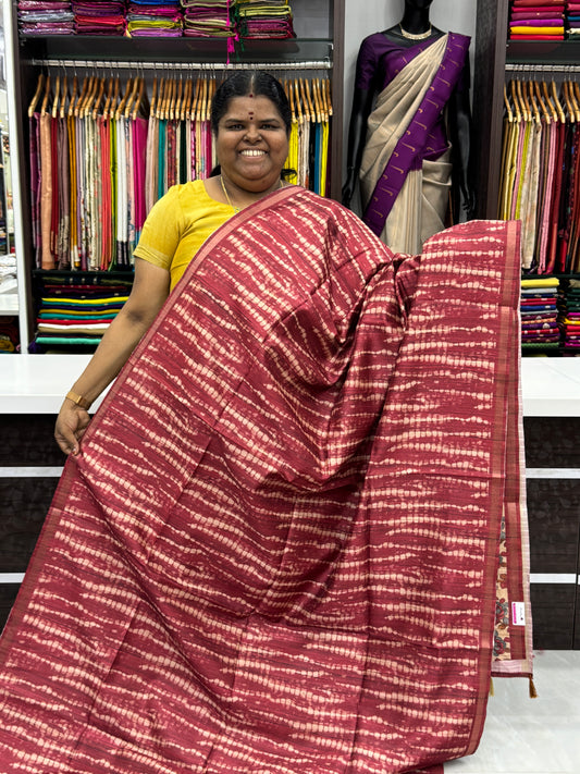 Semi Matka Tussar Silk Saree - Shibori pattern - Merun Shade - VVSMT001